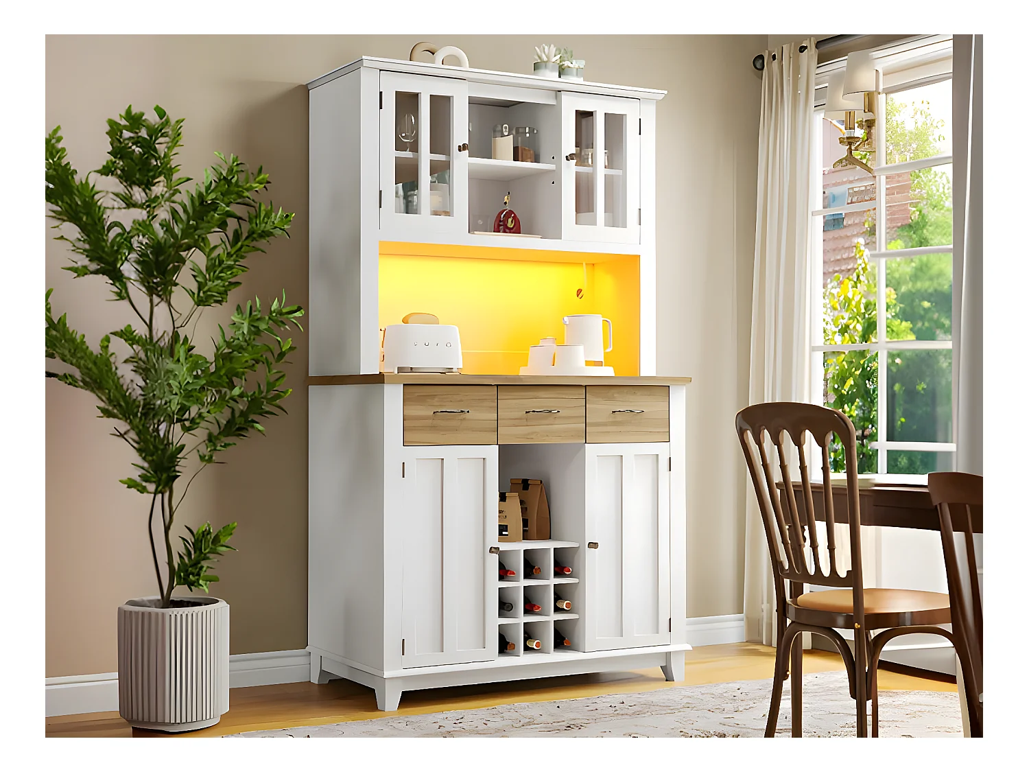 Vitrine、Buffet de cuisine avec LED - H 180cm - grand espace de rangement - Blanc & Naturel
