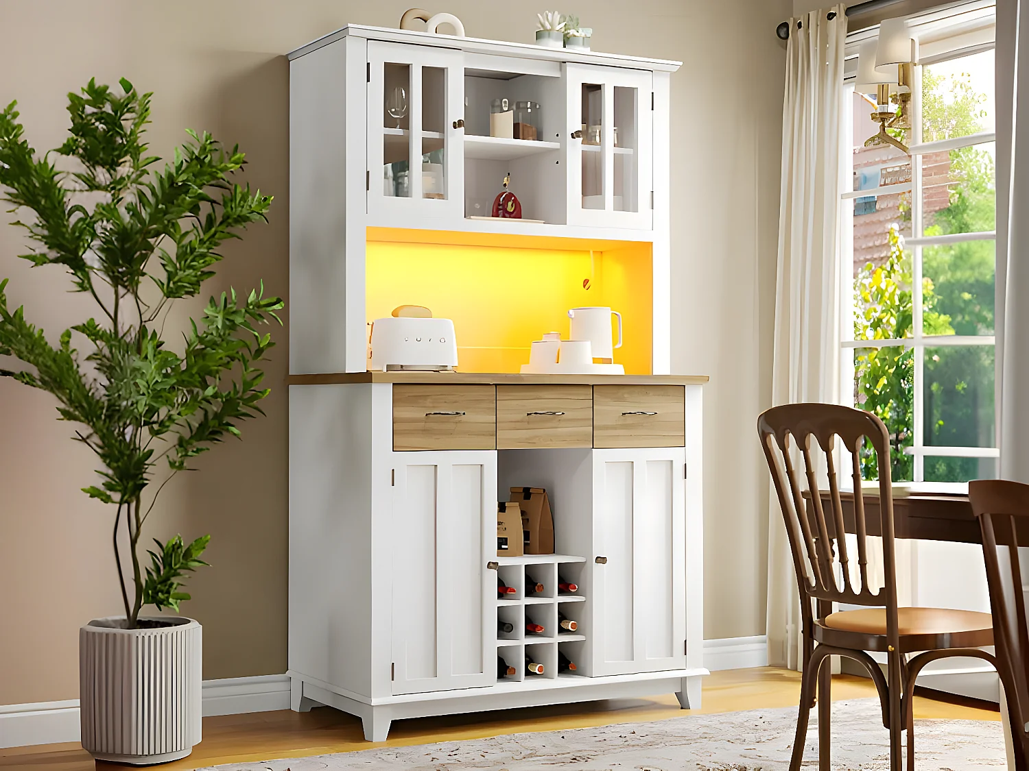 Vitrine、Buffet de cuisine avec LED - H 180cm - grand espace de rangement - Blanc & Naturel