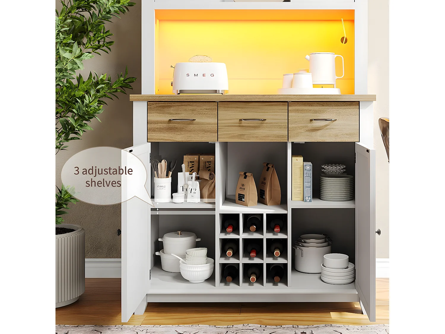 Vitrine、Buffet de cuisine avec LED - H 180cm - grand espace de rangement - Blanc & Naturel
