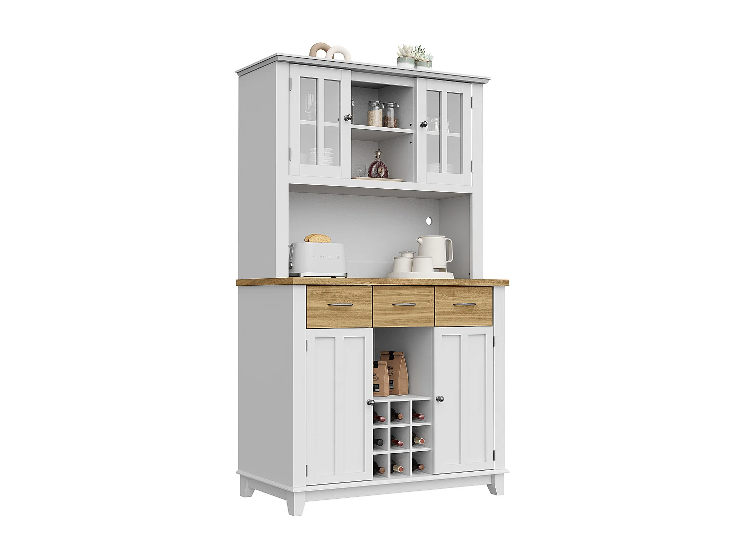 Vitrine、Buffet de cuisine avec LED - H 180cm - grand espace de rangement - Blanc & Naturel