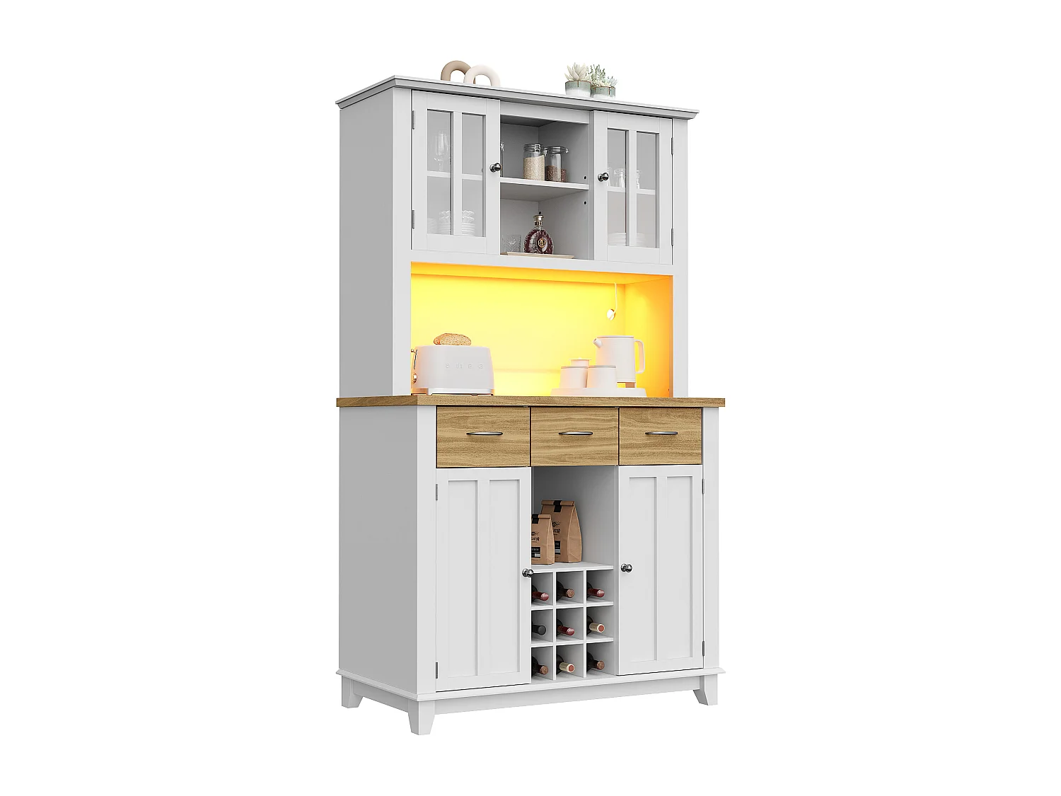 Vitrine、Buffet de cuisine avec LED - H 180cm - grand espace de rangement - Blanc & Naturel