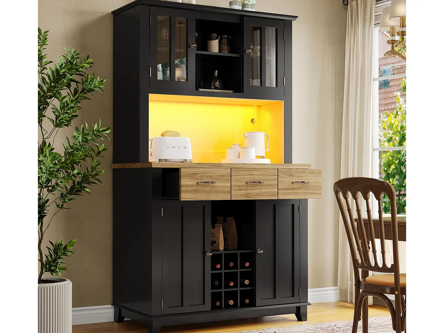 Kredens kuchenny z LED - Wys. 180cm - duża przestrzeń do przechowywania - Czarny