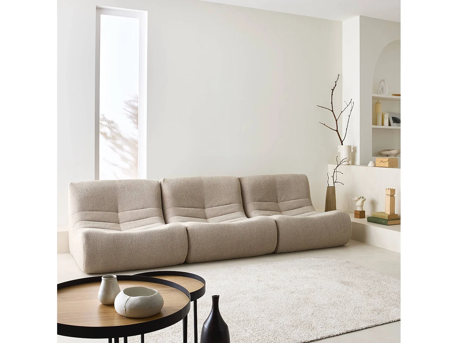 Lot de 3 fauteuils chauffeuses en bouclette texturée beige style contemporain 1 place