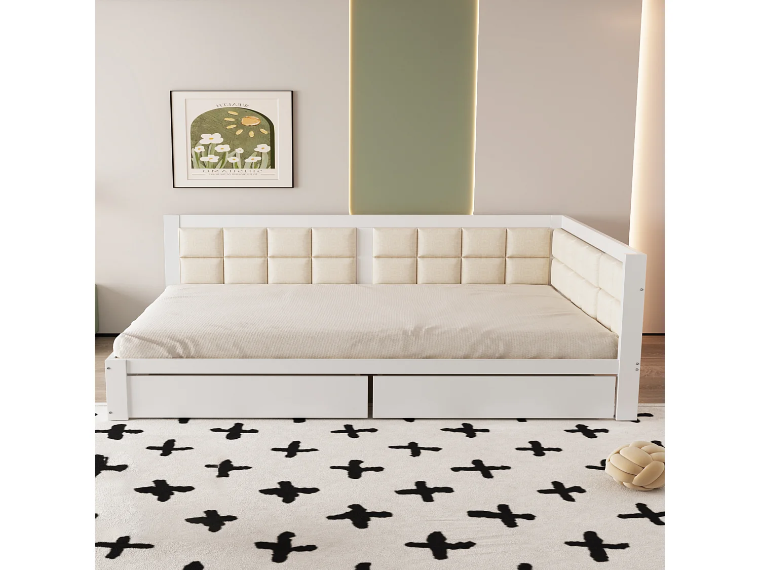 Lit banquette rembourré 140x200cm - avec 2 tiroirs et sommier à lattes - Blanc