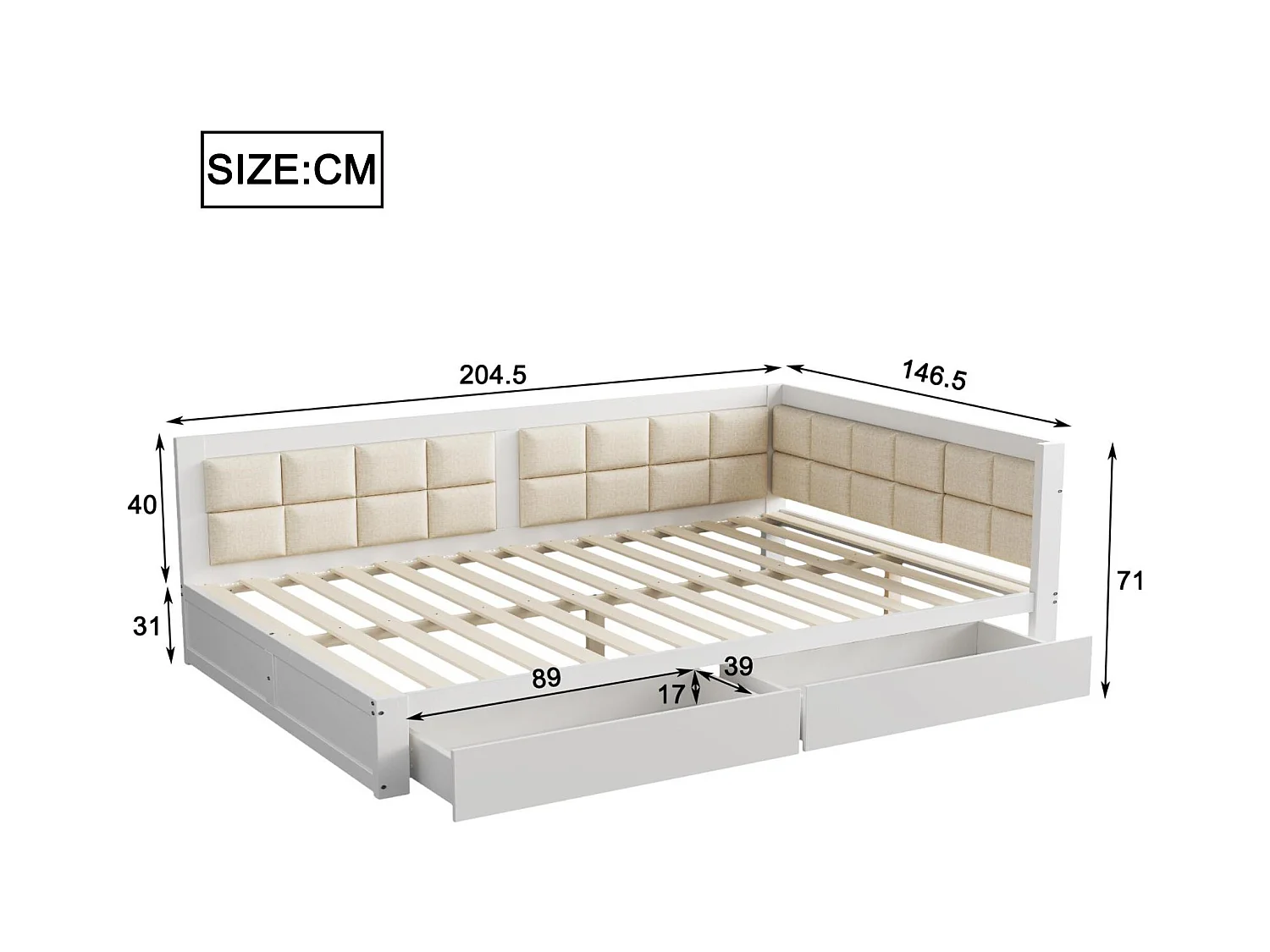 Lit banquette rembourré 140x200cm - avec 2 tiroirs et sommier à lattes - Blanc