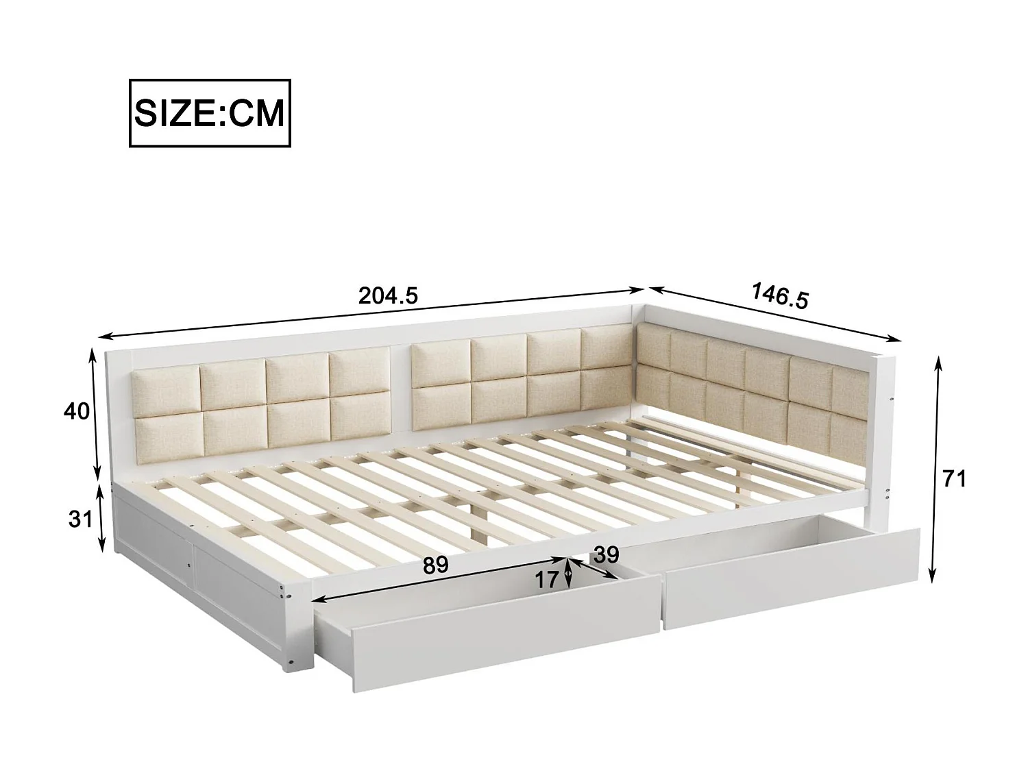 Lit banquette rembourré 140x200cm - avec 2 tiroirs et sommier à lattes - Blanc