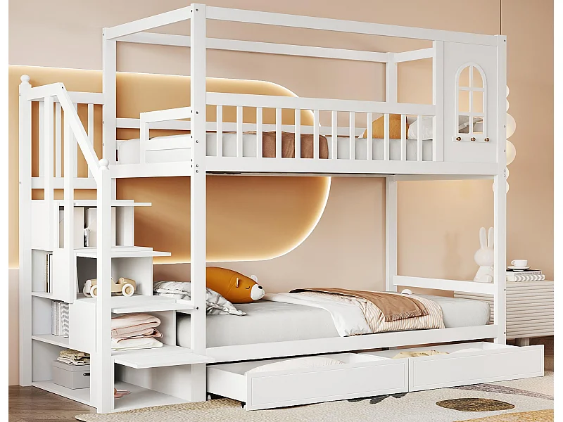 Litera 90x200cm de madera maciza - 2 cajones y escalera portaobjetos - Blanco