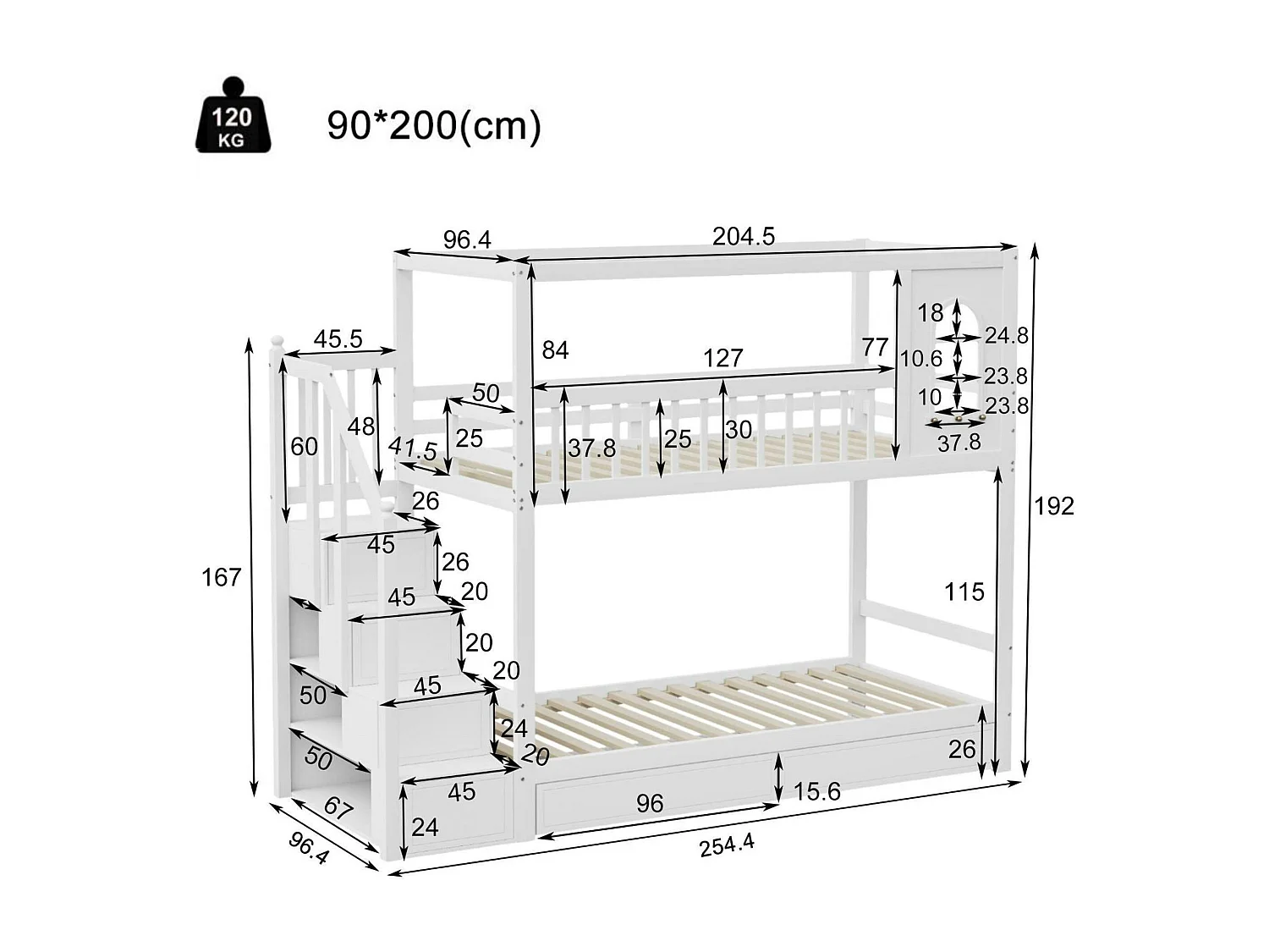 Letto a castello 90x200 cm in legno massello - 2 cassetti e scala portaoggetti - Bianco