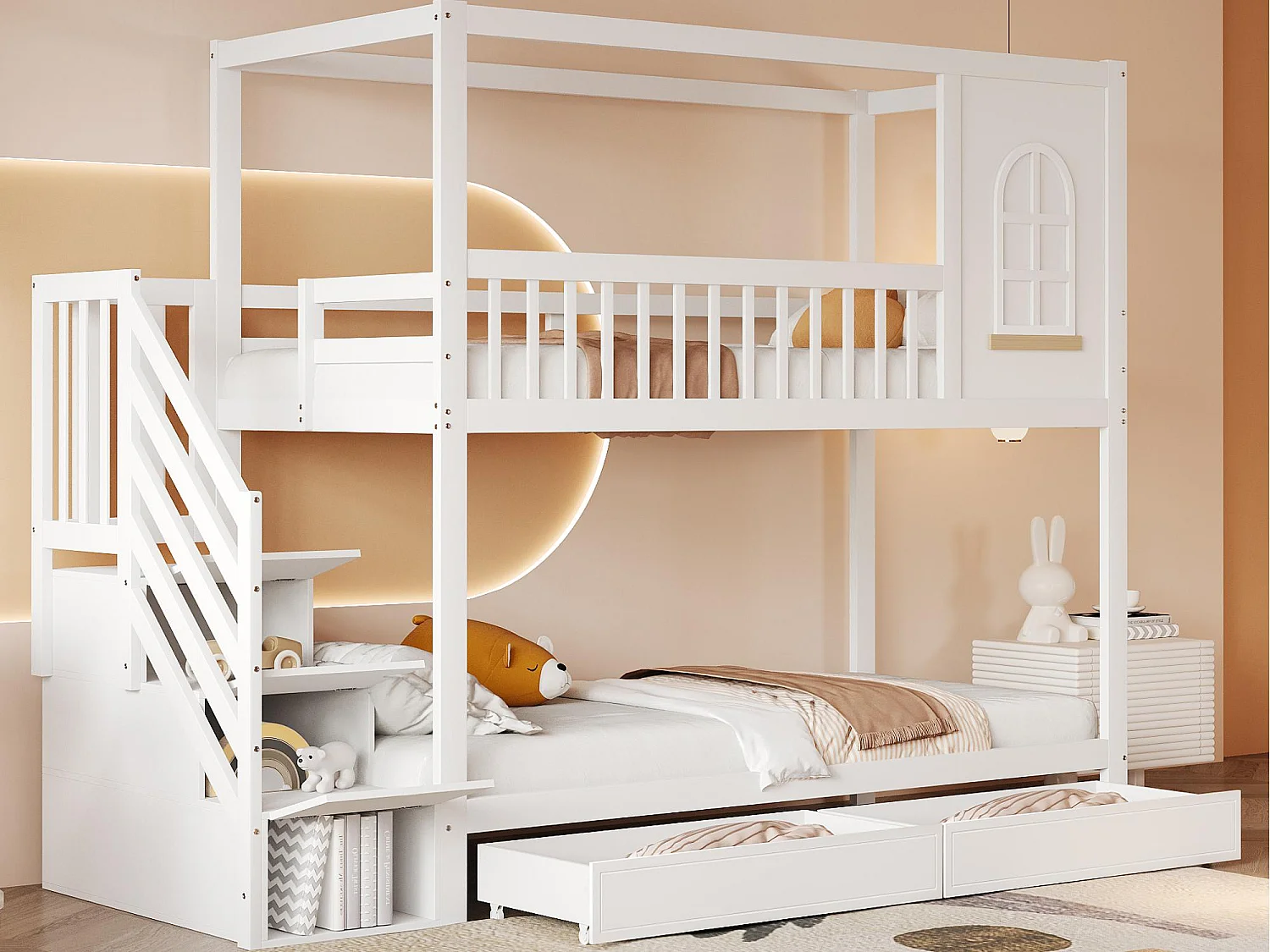 Stapelbed 90x200cm in massief hout - 2 laden en opbergtrap - Wit