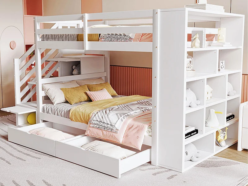 90 x 200 cm großes Etagenbett aus Holz – mit 2 Schubladen und Bücherregal – Weiß