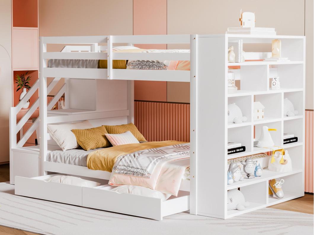 Houten stapelbed 90x200cm - met 2 lades & boekenkast - Wit