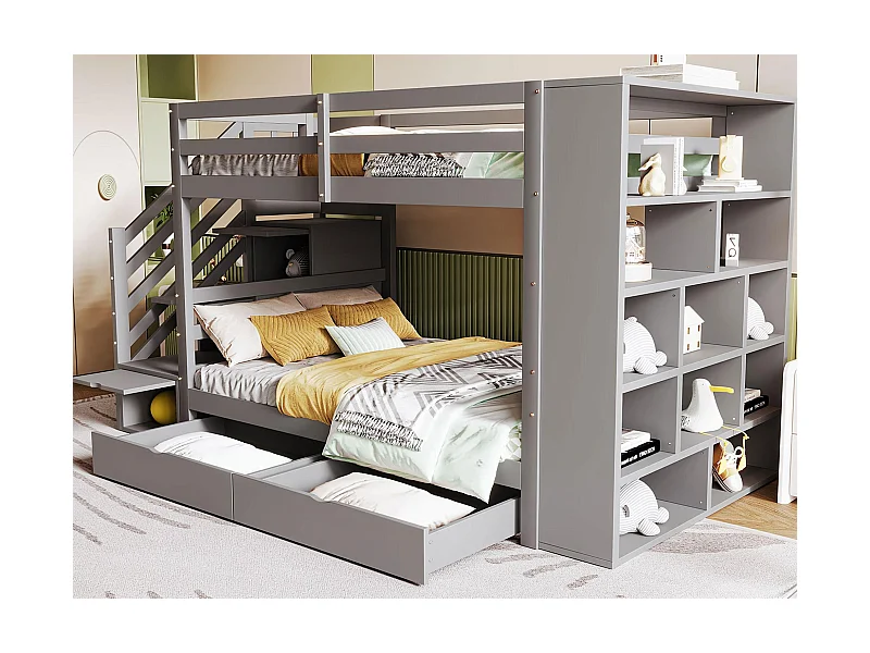 Litera de madera 90x200 cm - con 2 cajones y estantería - Gris