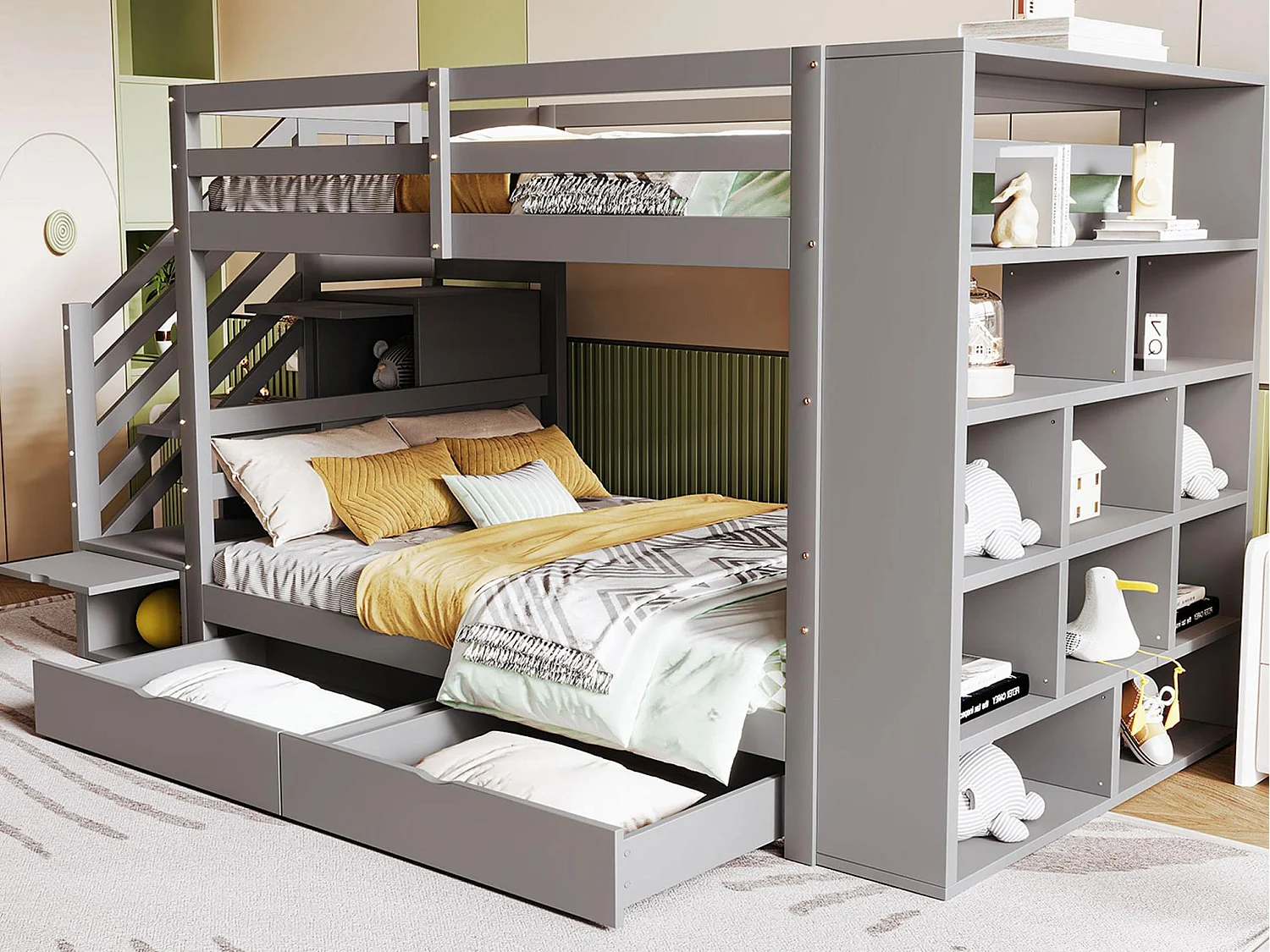 Houten stapelbed 90x200cm - met 2 lades & boekenkast - Grijs