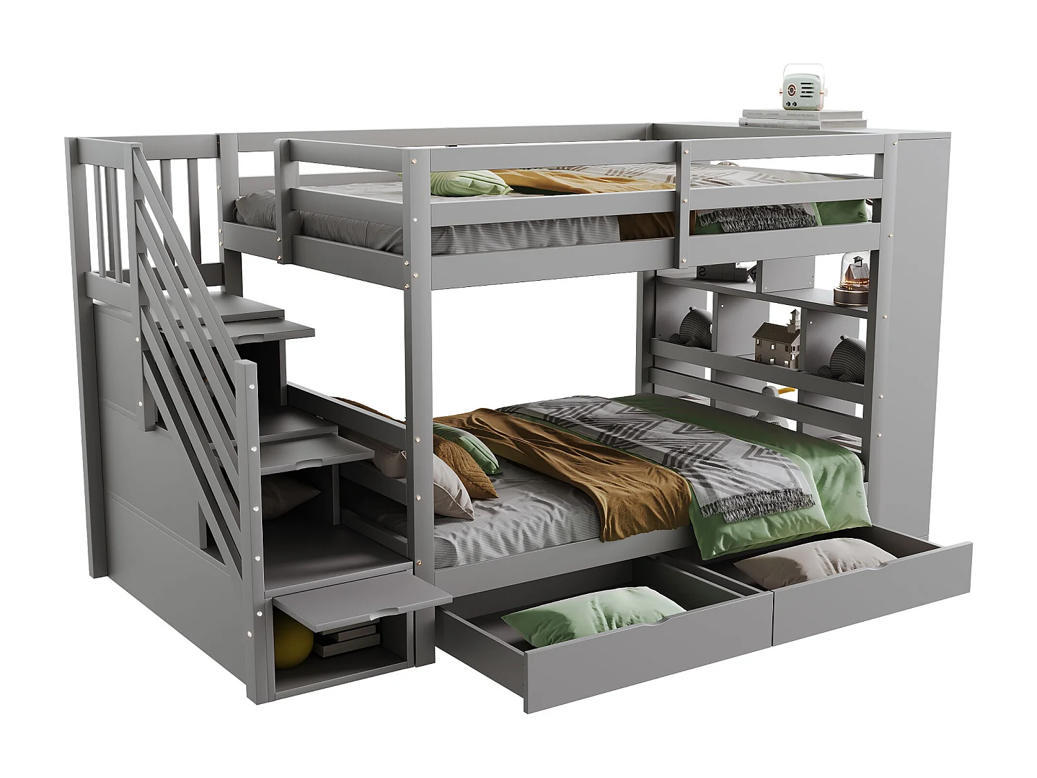 Houten stapelbed 90x200cm - met 2 lades & boekenkast - Grijs