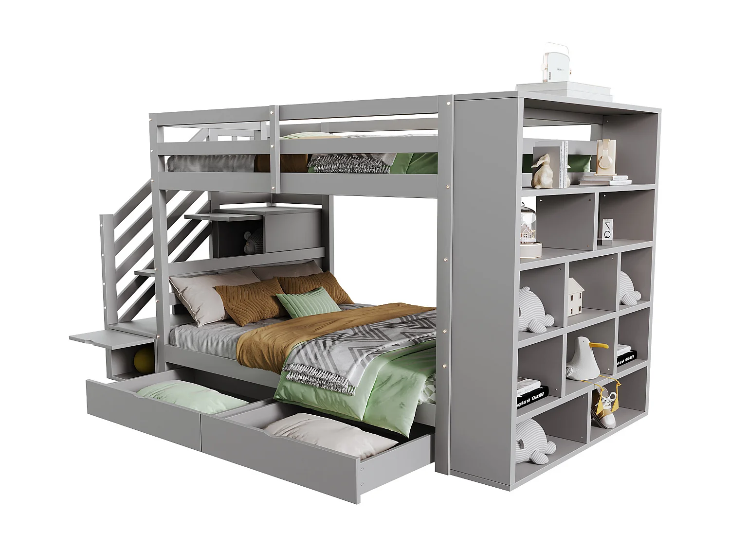 Houten stapelbed 90x200cm - met 2 lades & boekenkast - Grijs