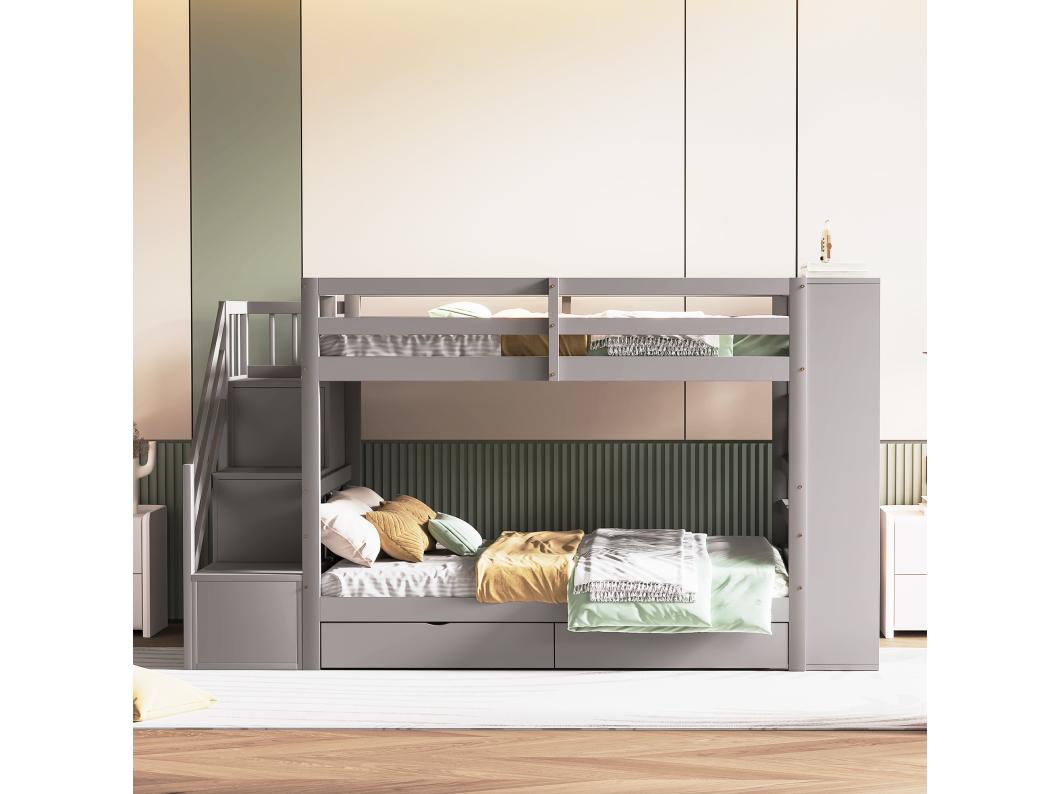 Letto a castello in legno 90x200 cm - con 2 cassetti e libreria - Grigio