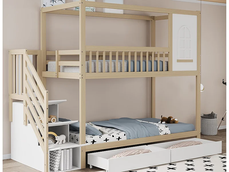 Stapelbed 90x200cm in massief hout - 2 laden en opbergtrap - Naturel & Wit