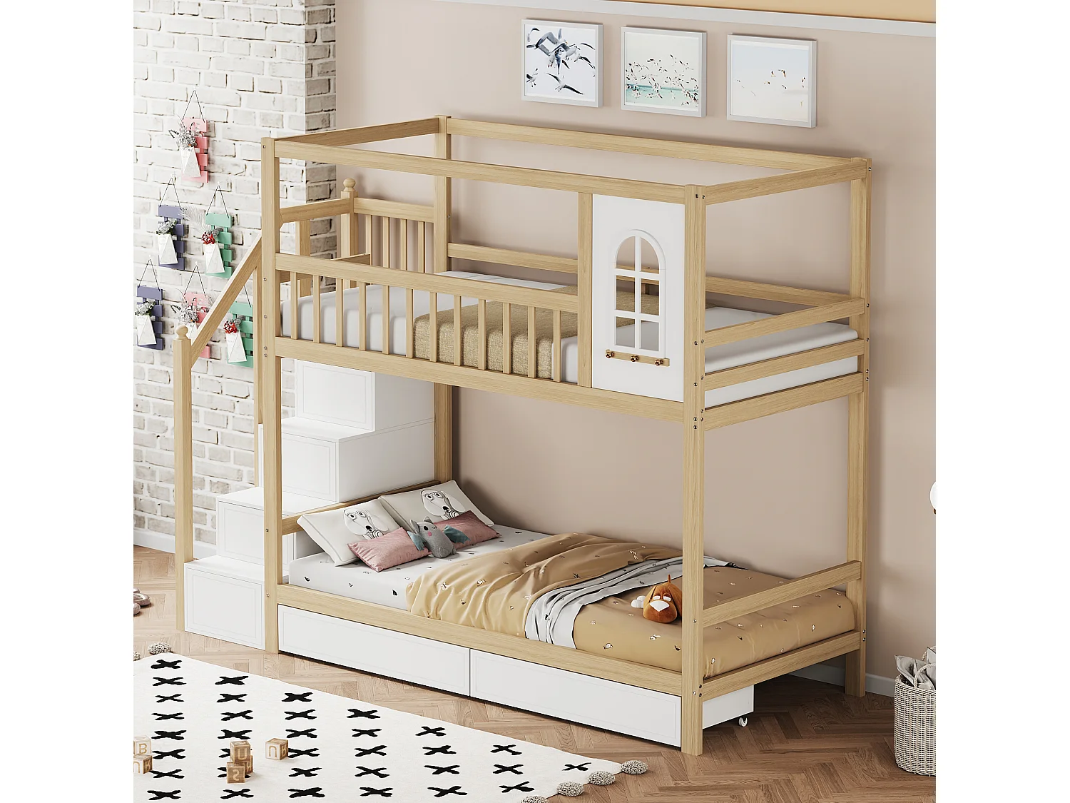 Litera 90x200 cm de madera maciza - 2 cajones y escalera portaobjetos - Natural y Blanco