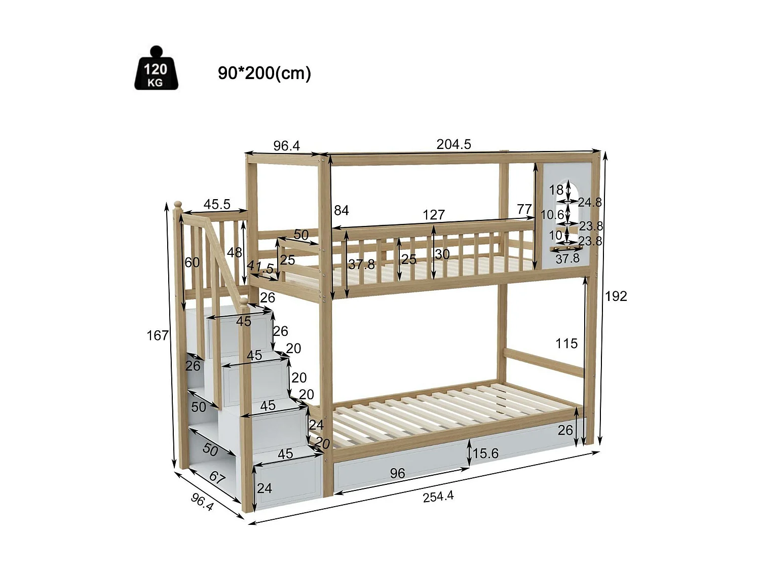 Litera 90x200 cm de madera maciza - 2 cajones y escalera portaobjetos - Natural y Blanco