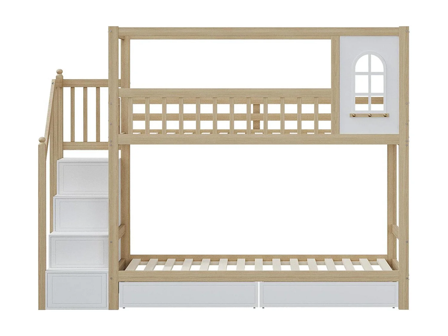 Litera 90x200 cm de madera maciza - 2 cajones y escalera portaobjetos - Natural y Blanco