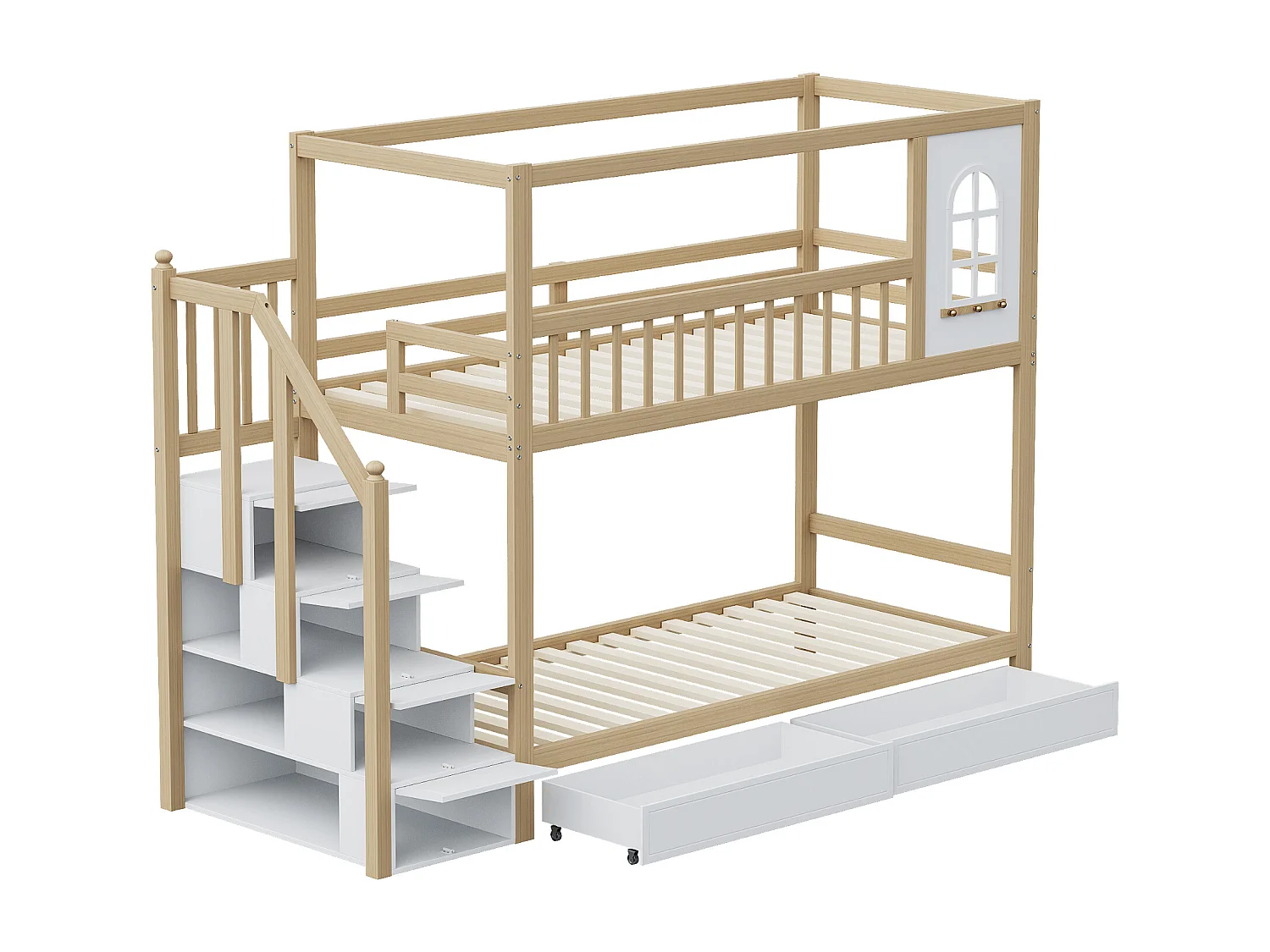 Litera 90x200 cm de madera maciza - 2 cajones y escalera portaobjetos - Natural y Blanco