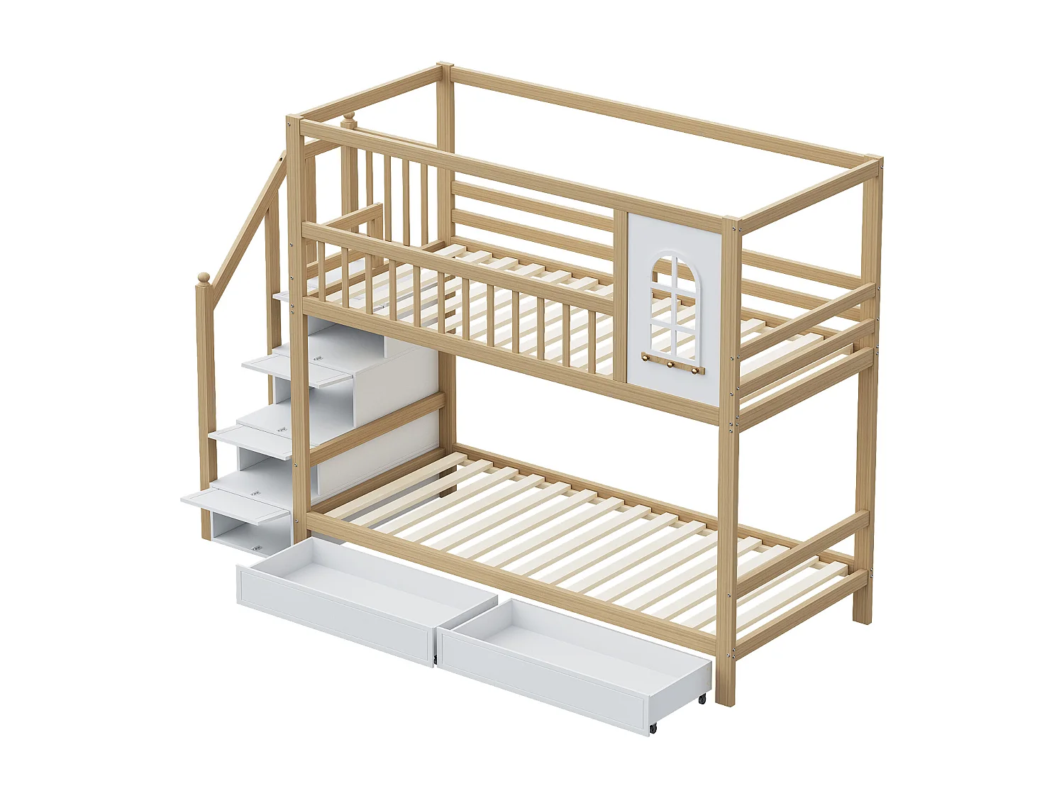 Litera 90x200 cm de madera maciza - 2 cajones y escalera portaobjetos - Natural y Blanco