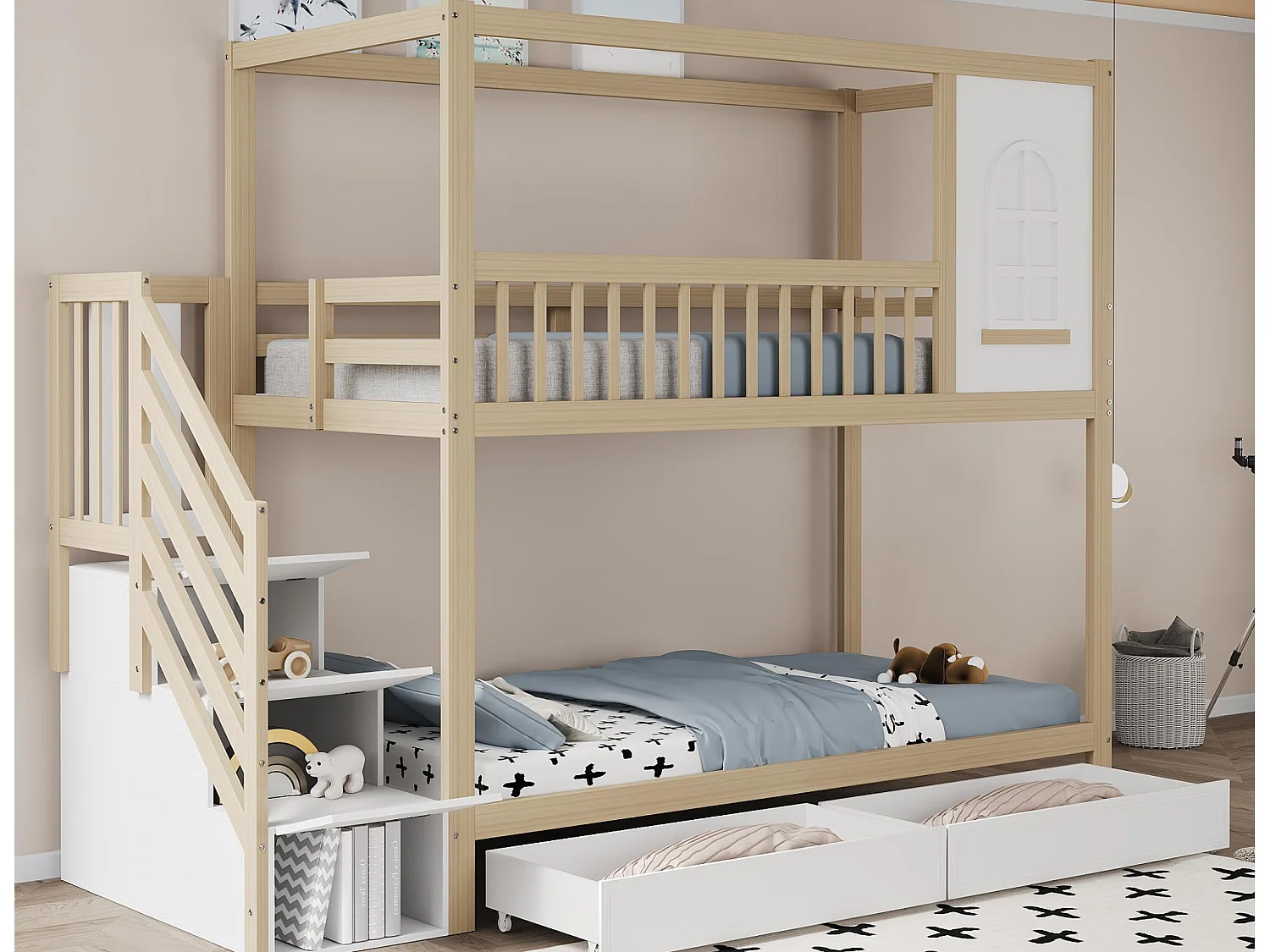 Beliche 90x200cm em madeira maciça - 2 gavetas e escada de arrumação - Natural & Branco