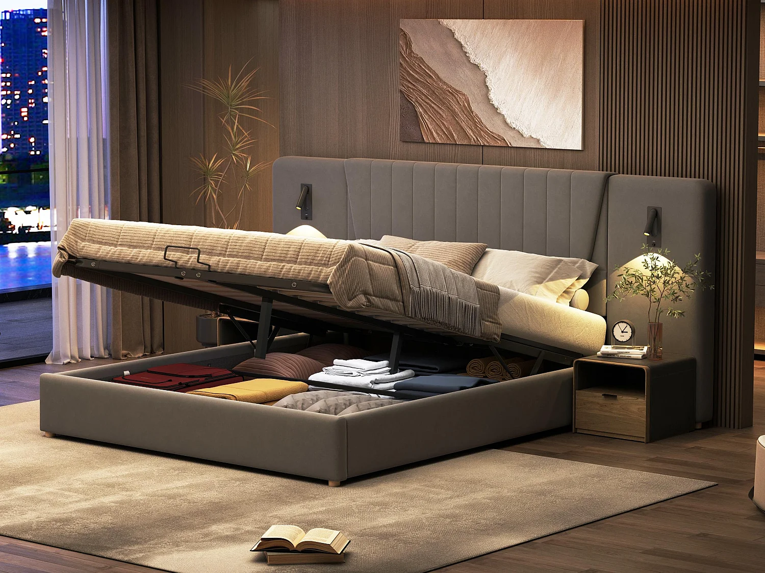 Mit Samt gepolstertes Stauraumbett – 180 x 200 cm – mit Leselampen und Ladeanschluss – Grau