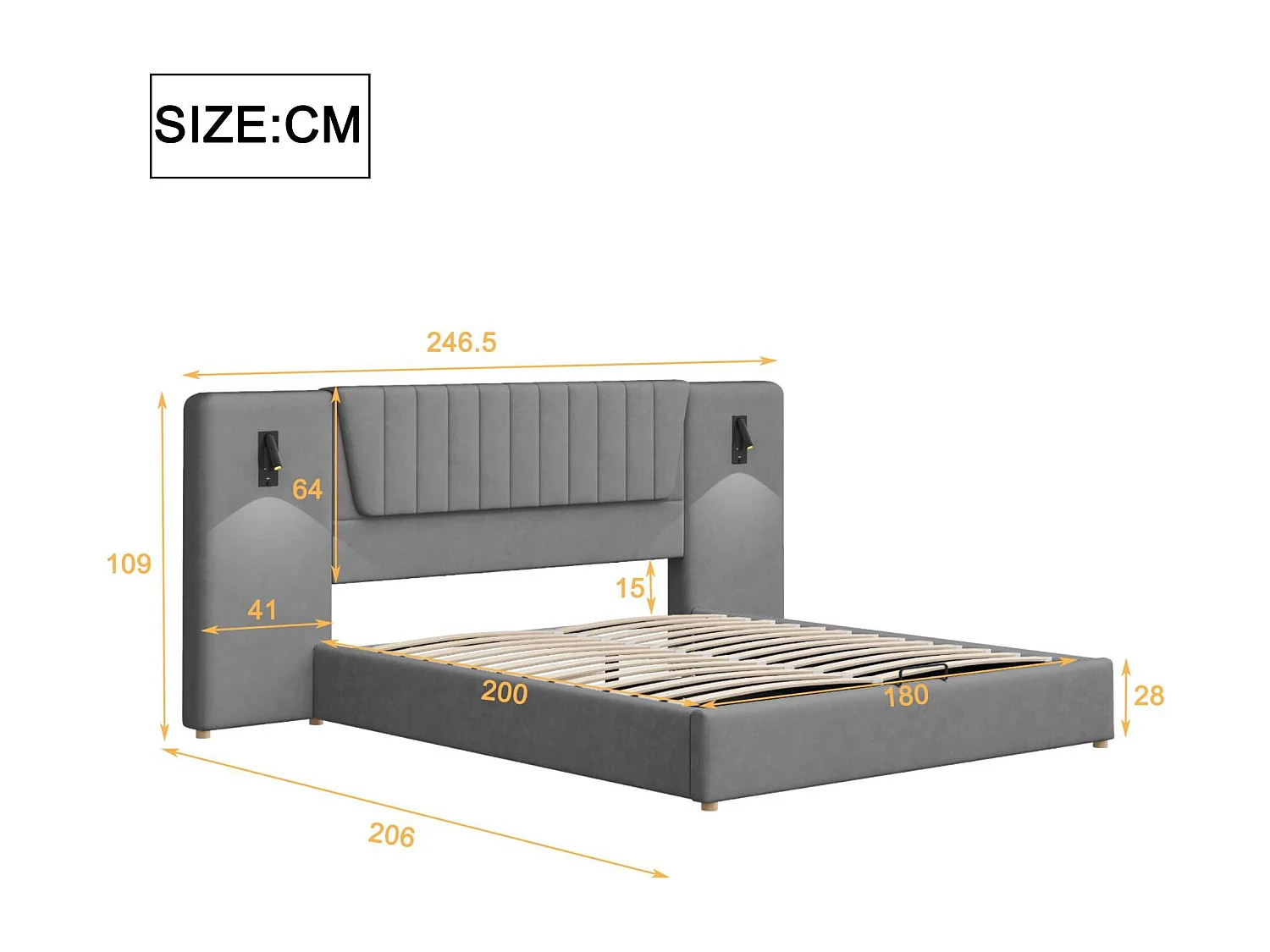Mit Samt gepolstertes Stauraumbett – 180 x 200 cm – mit Leselampen und Ladeanschluss – Grau
