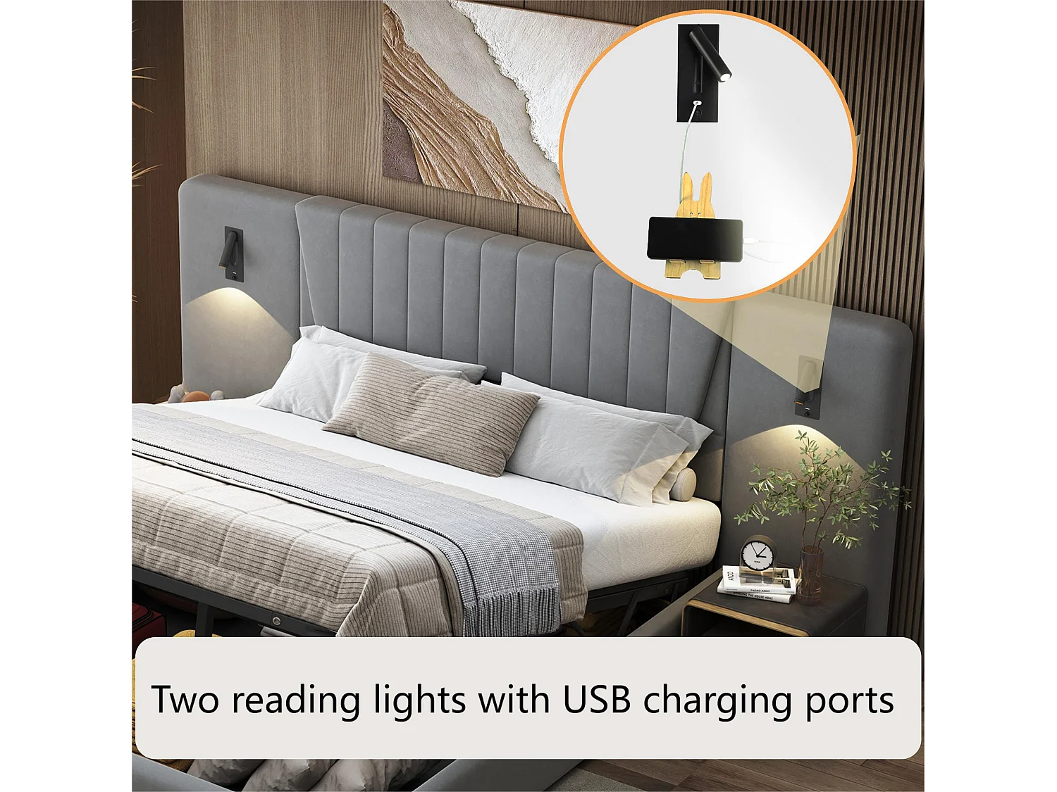 Lit coffre rembourré en velours - 180x200cm - avec liseuses & port de charge - Gris