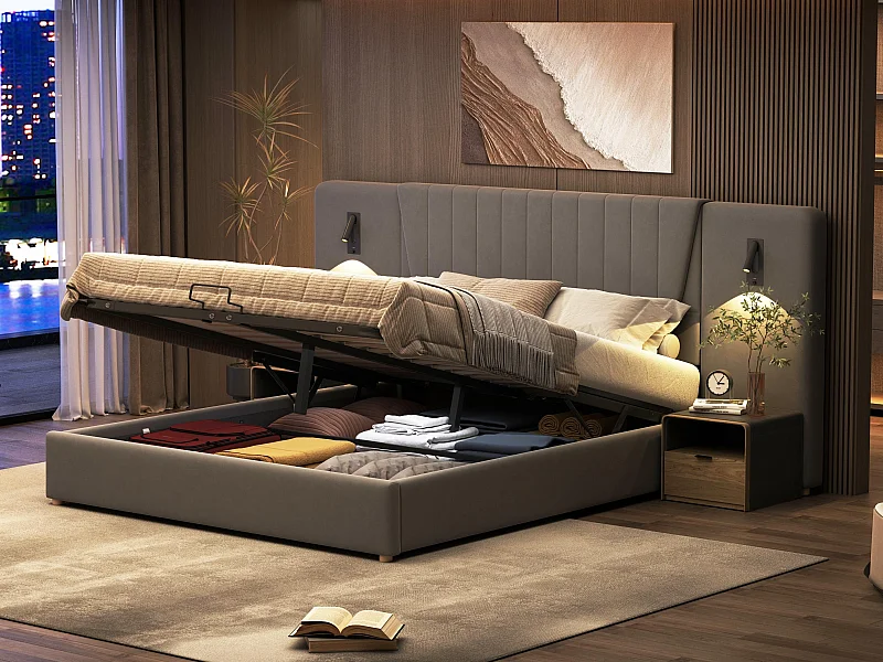 Fluweel gewatteerd opbergbed - 180x200cm - met leeslampjes en oplaadpoort - Grijs