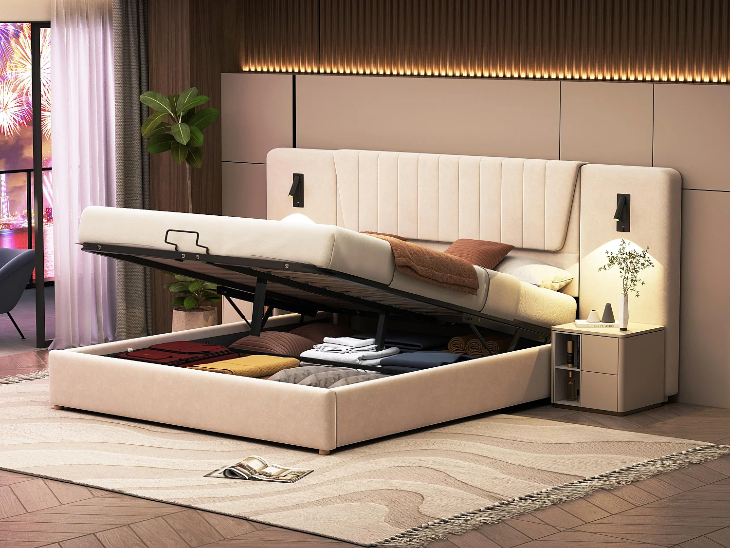 Lit coffre rembourré en velours - 180x200cm - avec liseuses & port de charge - Beige