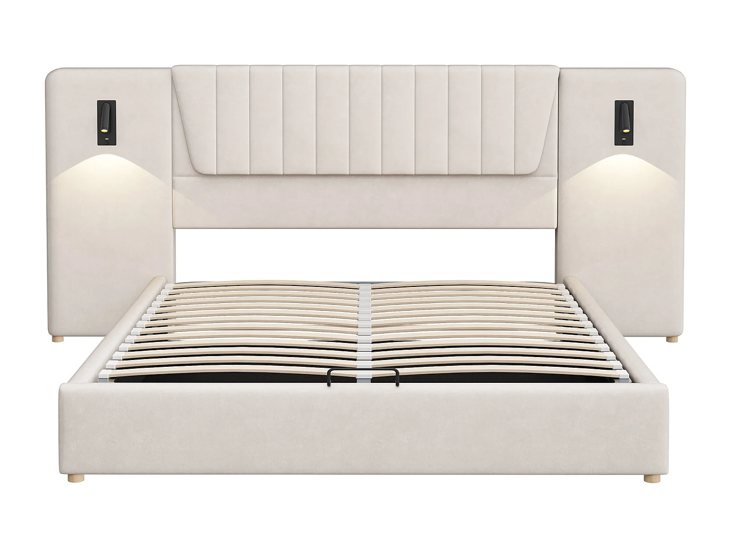 Lit coffre rembourré en velours - 180x200cm - avec liseuses & port de charge - Beige