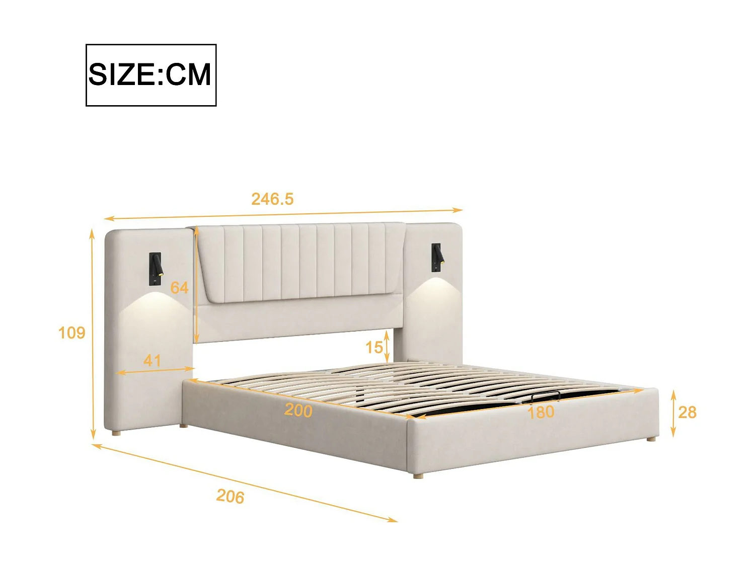 Lit coffre rembourré en velours - 180x200cm - avec liseuses & port de charge - Beige