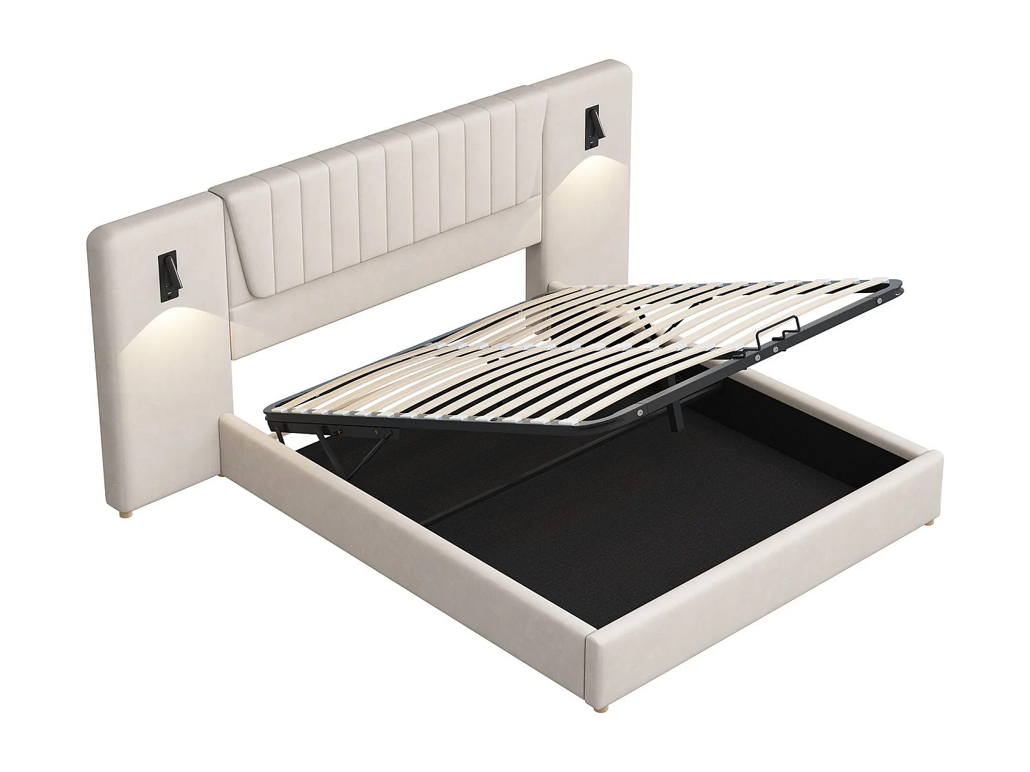 Lit coffre rembourré en velours - 180x200cm - avec liseuses & port de charge - Beige