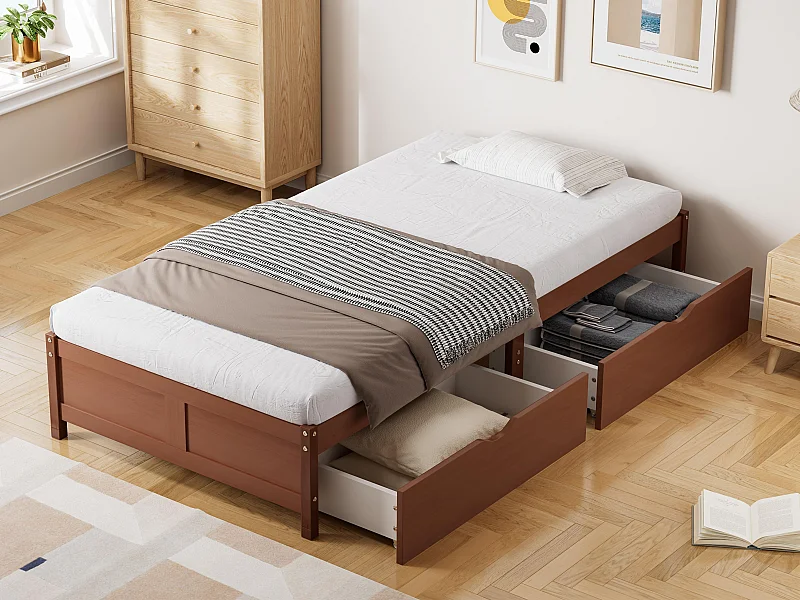 Lit 90x200cm en bois - 2 tiroirs sur roulettes - avec sommier à lattes - Marron