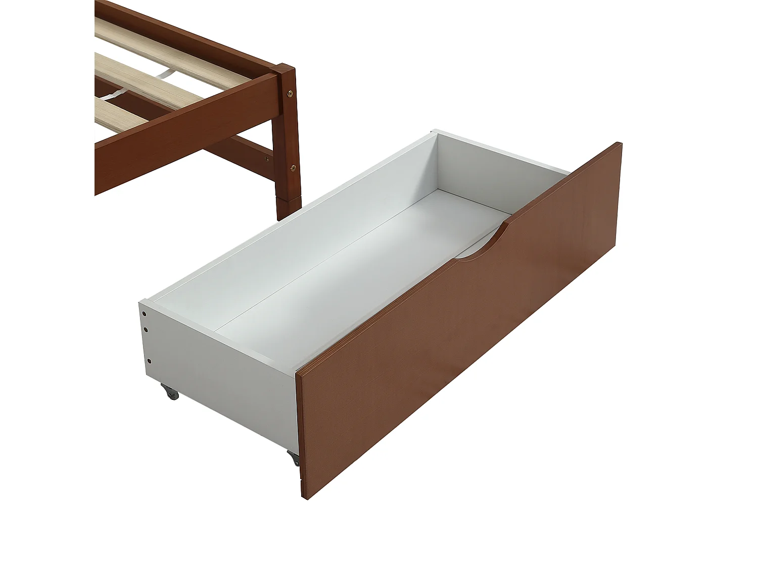 90 x 200 cm großes Holzbett – 2 Schubladen auf Rollen – mit Lattenrost – Braun