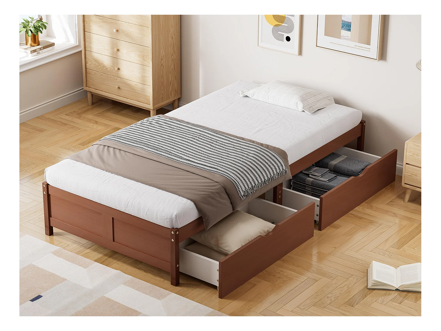 Houten bed 90x200cm - 2 laden op wielen - met lattenbodem - Bruin