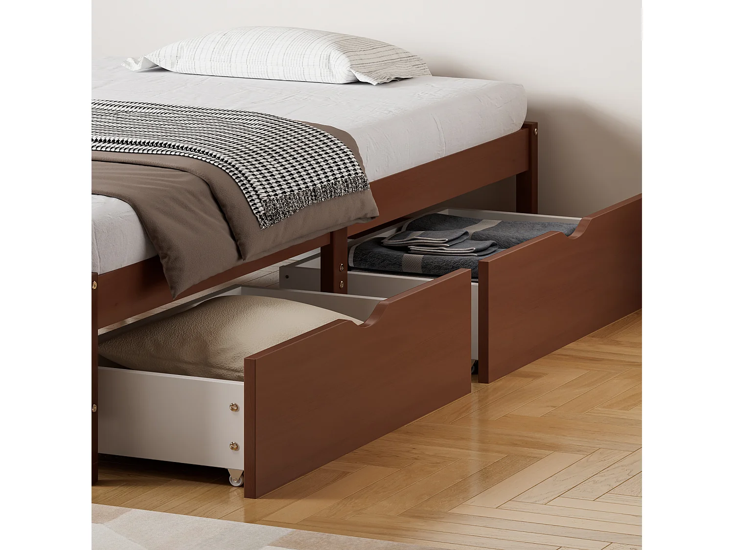 Letto in legno 90x200 cm - 2 cassetti su rotelle - con rete a doghe - Marrone