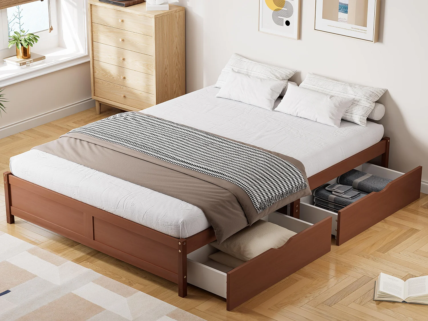 140 x 200 cm großes Holzbett – 2 Schubladen auf Rollen – mit Lattenrost – Braun