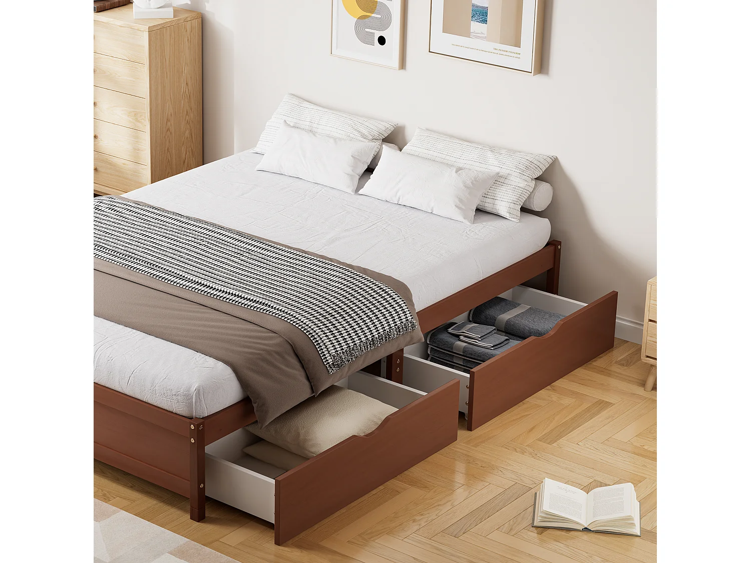 140 x 200 cm großes Holzbett – 2 Schubladen auf Rollen – mit Lattenrost – Braun