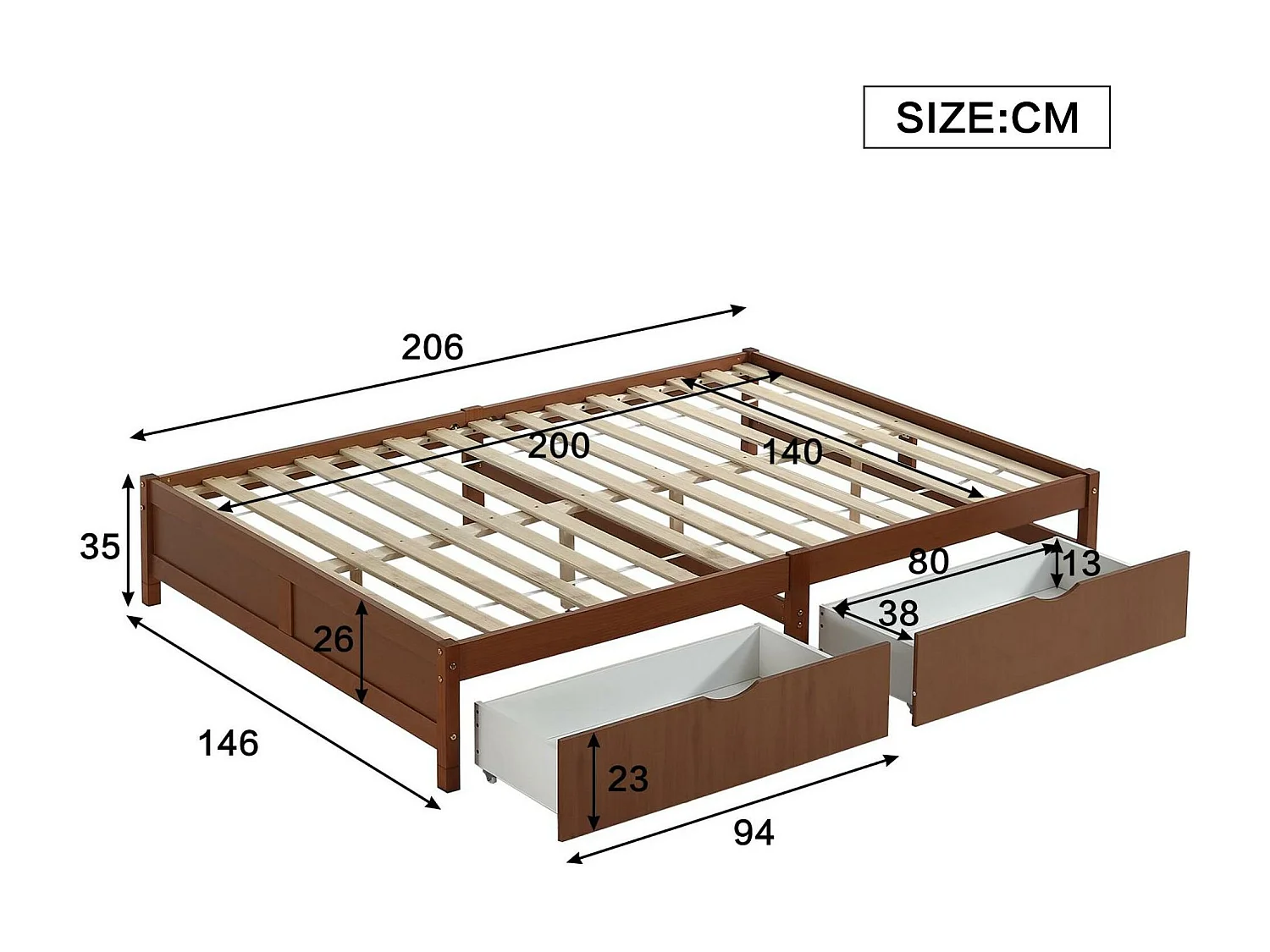 140 x 200 cm großes Holzbett – 2 Schubladen auf Rollen – mit Lattenrost – Braun