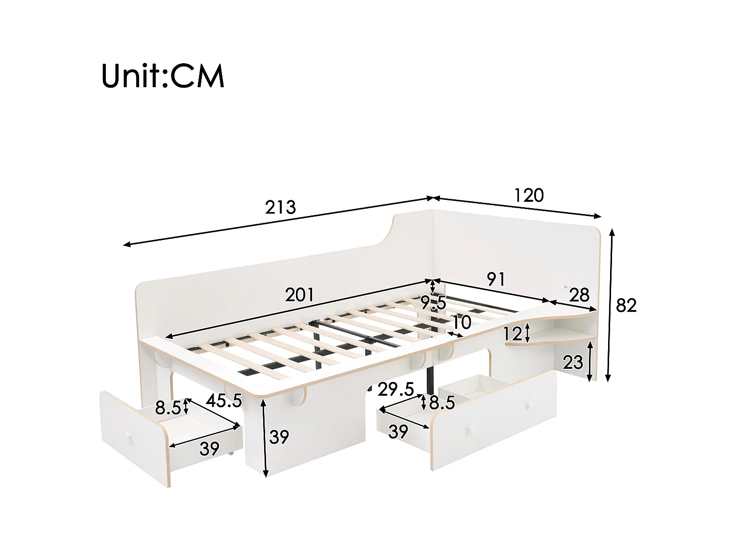90×200 cm großes Kinderbett aus Holz – mit Leselampe, Ladeanschlüssen und 3 Schubladen – Weiß
