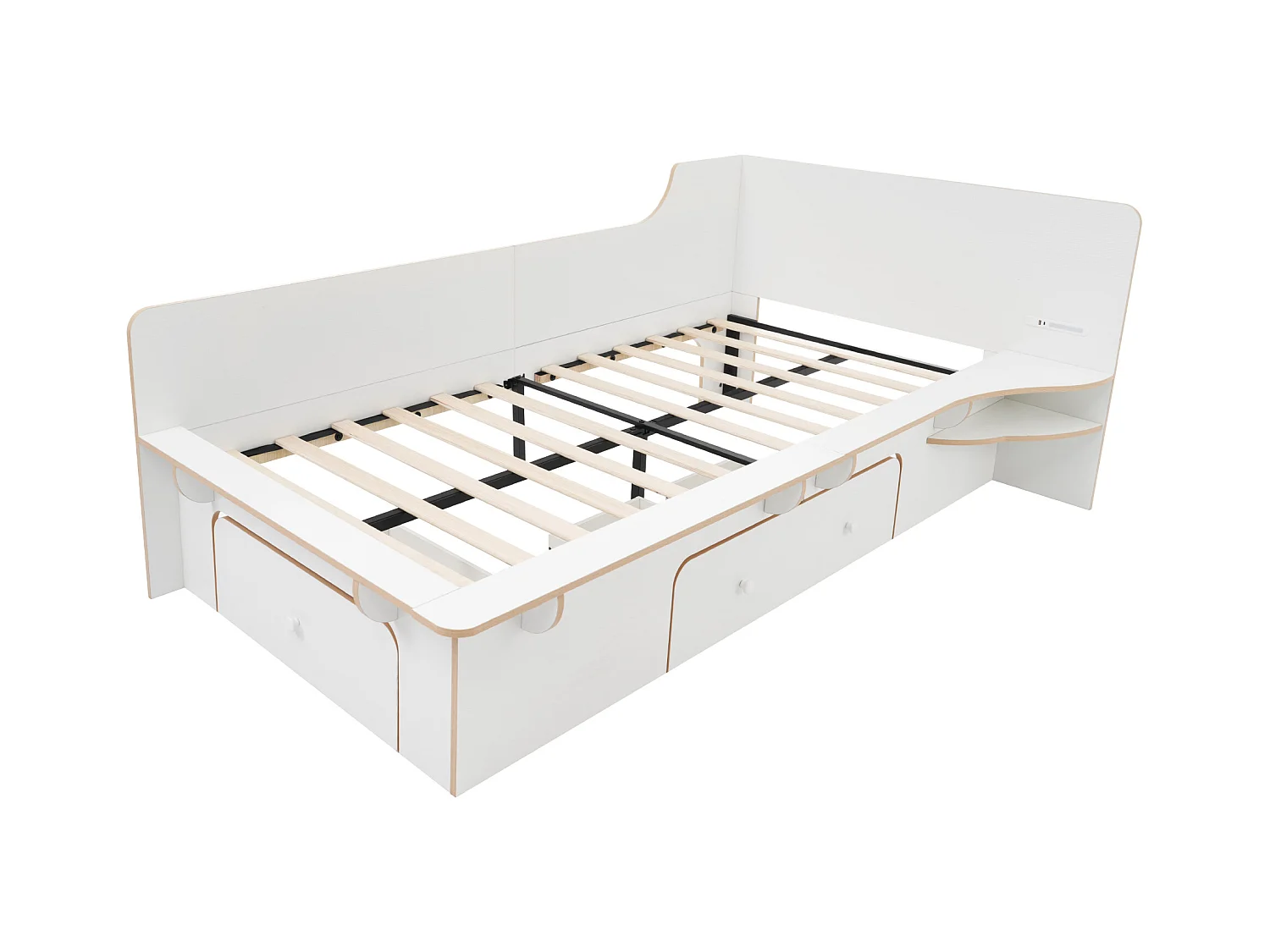 90×200 cm großes Kinderbett aus Holz – mit Leselampe, Ladeanschlüssen und 3 Schubladen – Weiß
