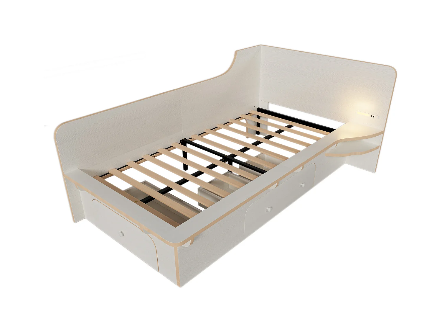 90×200 cm großes Kinderbett aus Holz – mit Leselampe, Ladeanschlüssen und 3 Schubladen – Weiß
