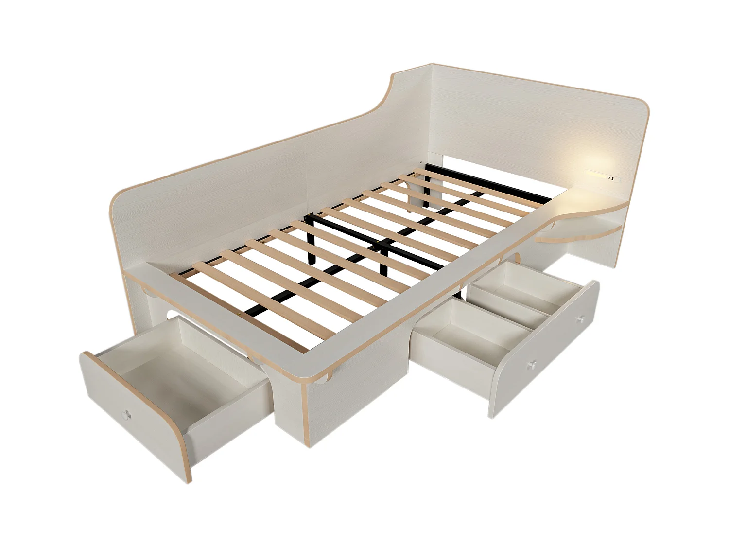 90×200 cm großes Kinderbett aus Holz – mit Leselampe, Ladeanschlüssen und 3 Schubladen – Weiß