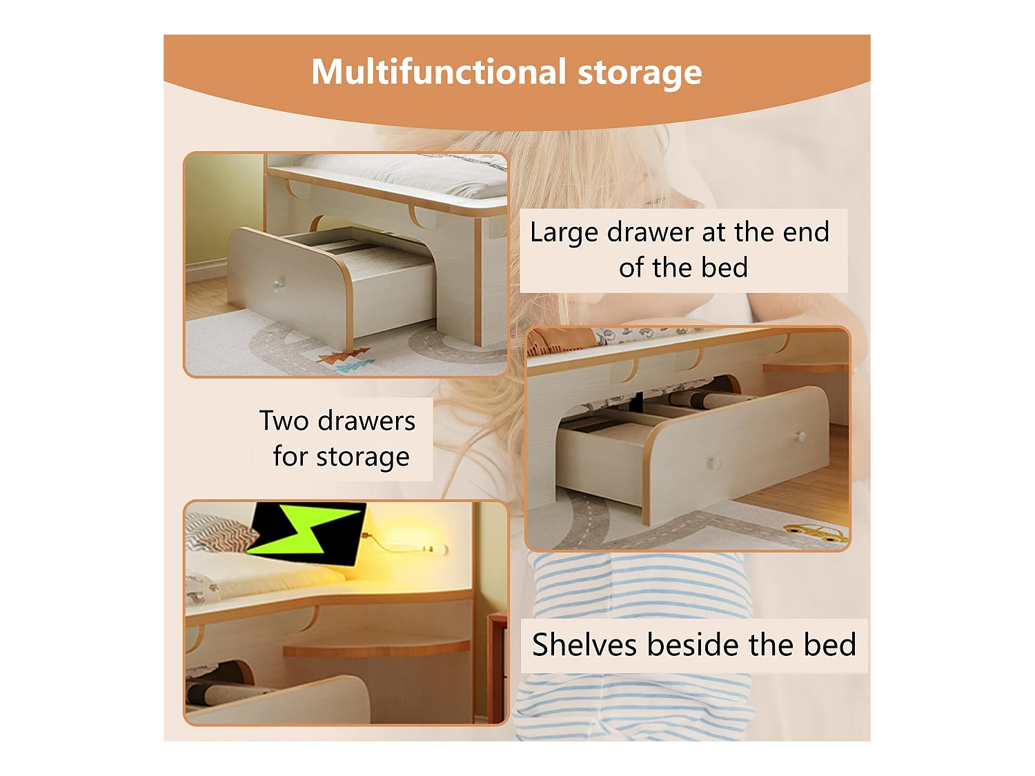 90×200 cm großes Kinderbett aus Holz – mit Leselampe, Ladeanschlüssen und 3 Schubladen – Weiß