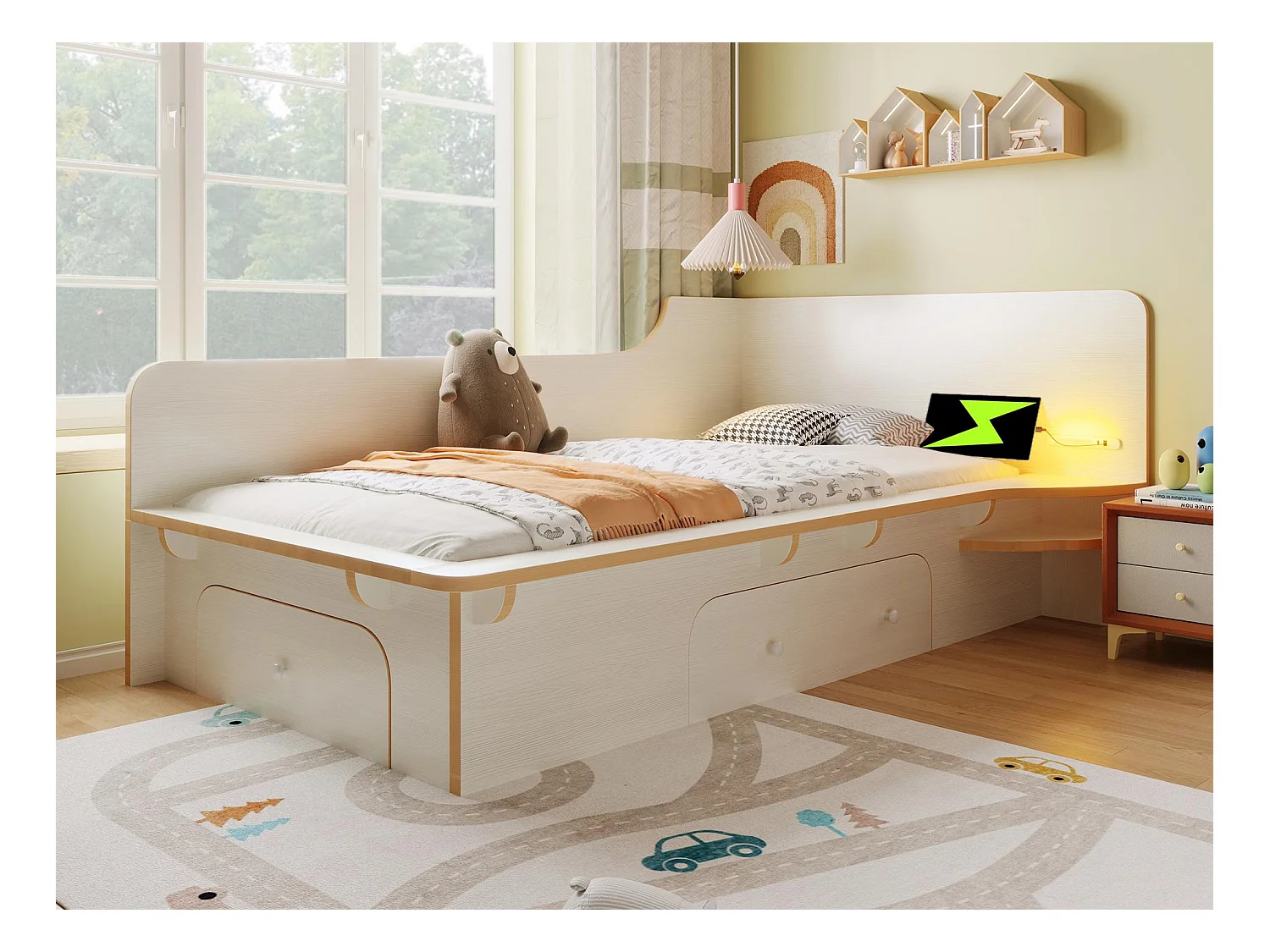 90×200 cm großes Kinderbett aus Holz – mit Leselampe, Ladeanschlüssen und 3 Schubladen – Weiß