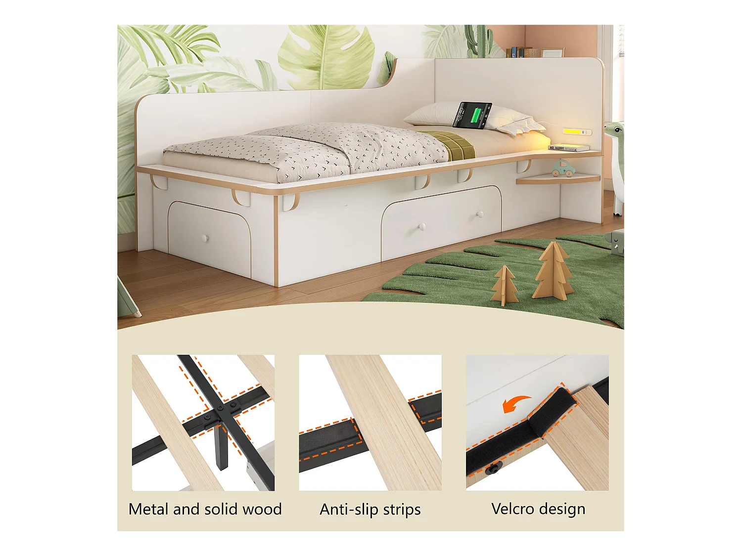 90×200 cm großes Kinderbett aus Holz – mit Leselampe, Ladeanschlüssen und 3 Schubladen – Weiß