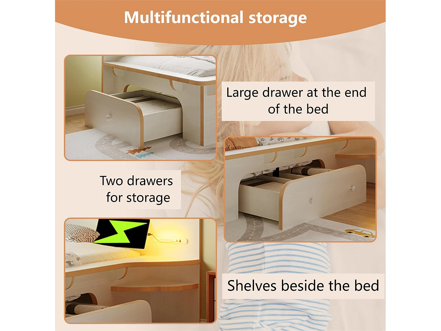 Cama de criança em madeira 90×200cm - com luz de leitura, portas de carregamento e 3 gavetas - Branco